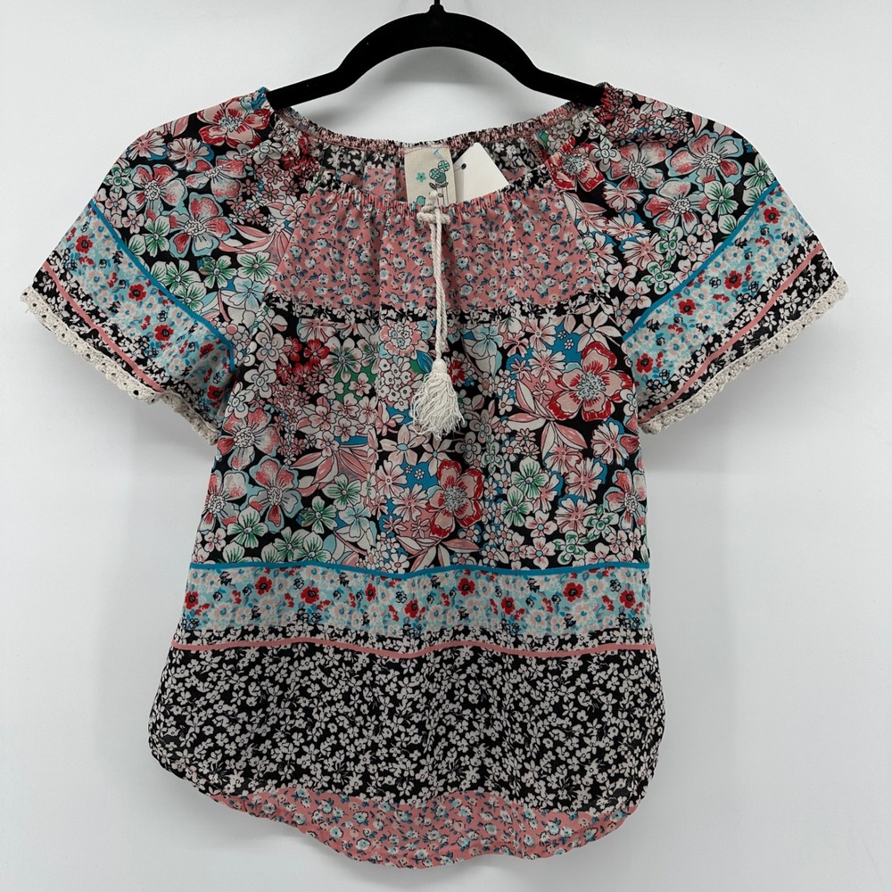 Lily Bleu Girls Floral Patchwork Tassel Lace Trim Boho Top Size 8